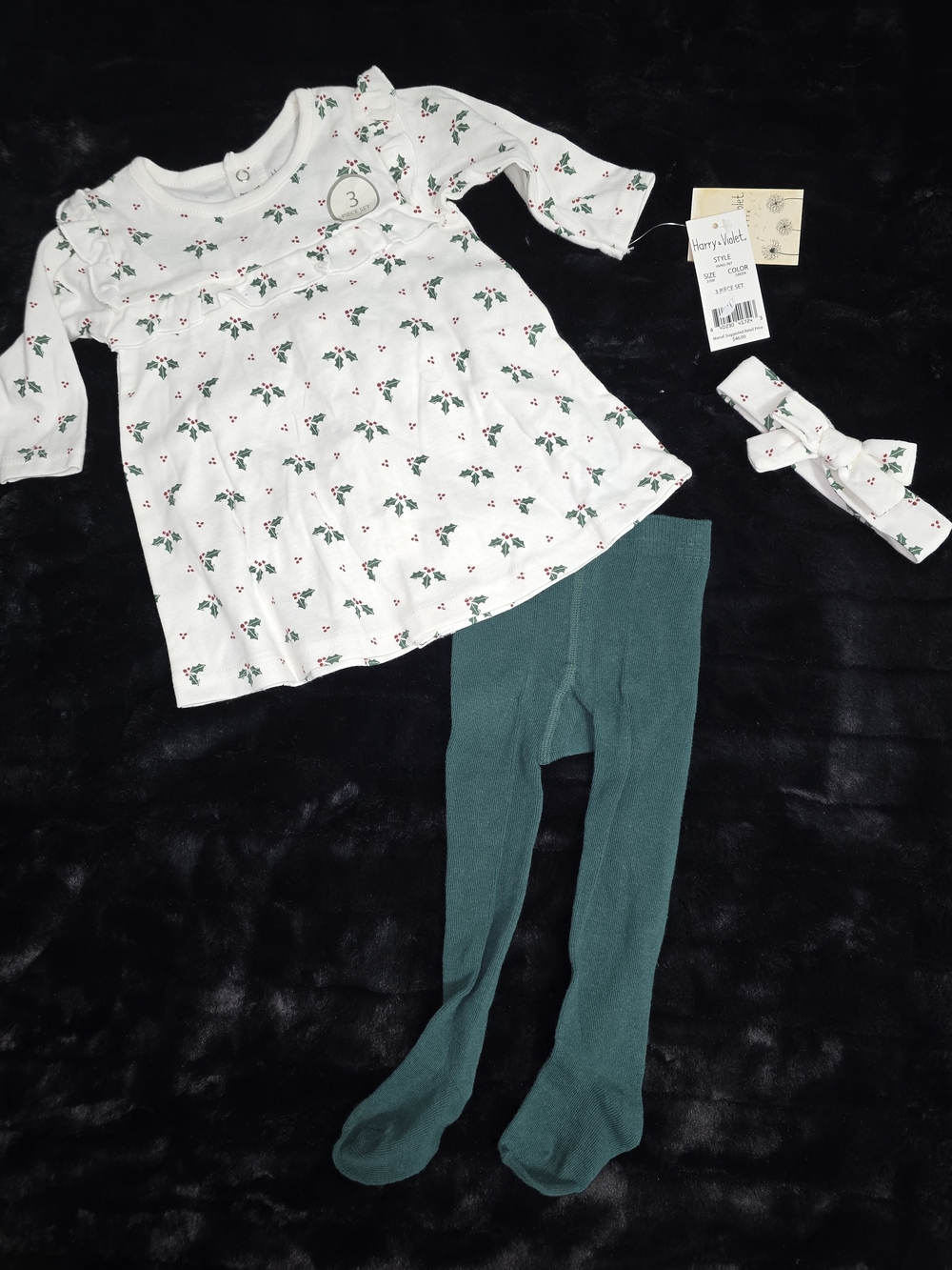 Harry & Violet White Holly Print Top & Green Tights Matching Set 3-6 Months